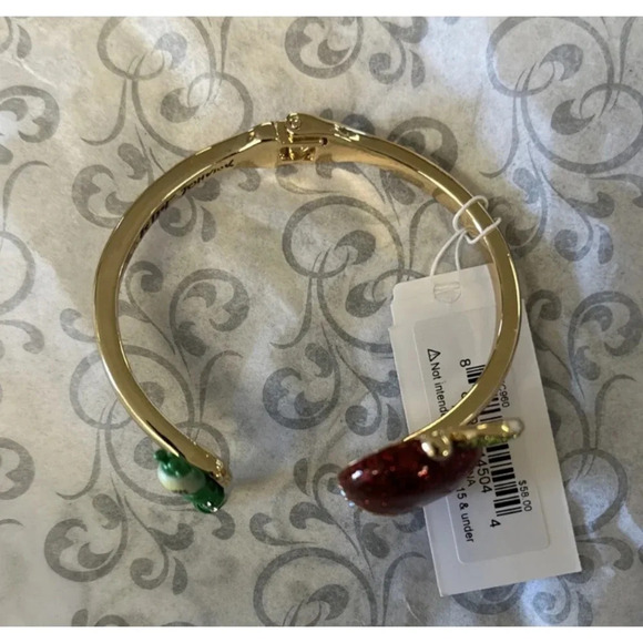 BETSEY JOHNSON SET Apple & Worm Hinged Bracelet 3 Apple Necklace & Earrings NWT - Picture 6 of 16